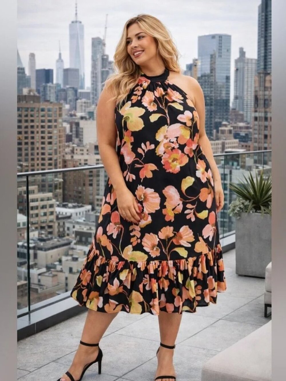Torrid Black Floral High-Neck Tie Back Midi Dress Size 3X NWT